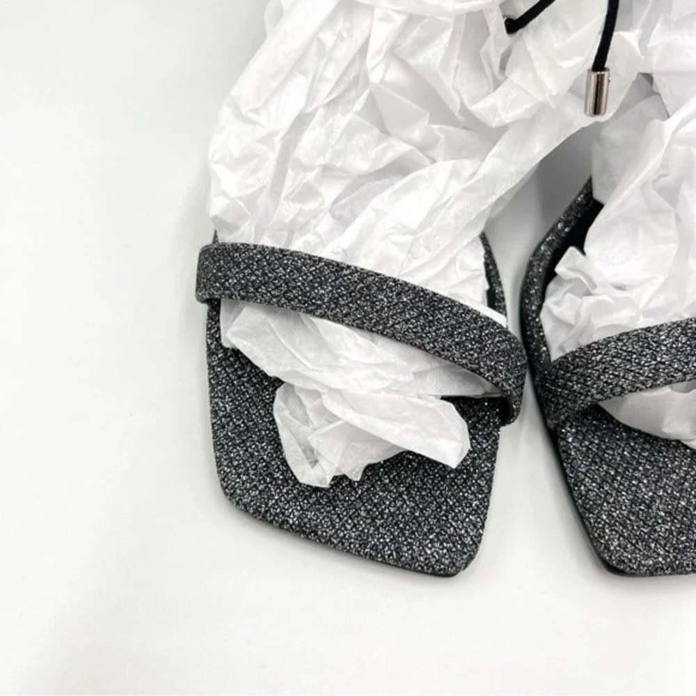 Nine West Size 6.5 Black Silver Sparkly‎ Square Toe Dress Sandals Heels Shoes